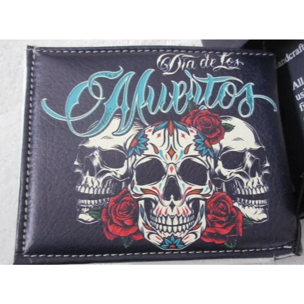 Day of The Dead Dia De Los Muertos Skull Rose Print Bi-Fold Vegan Leather Wallet
